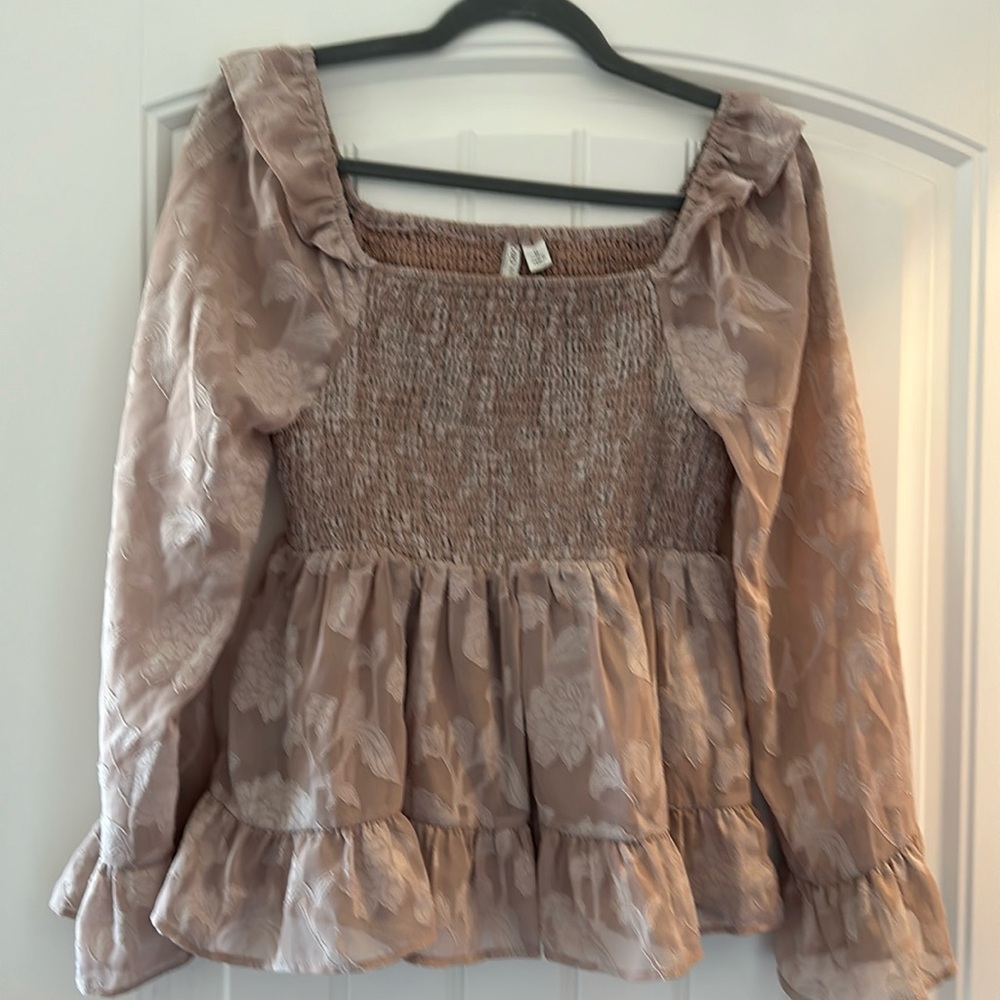 Blush pink top with sheer sleeves